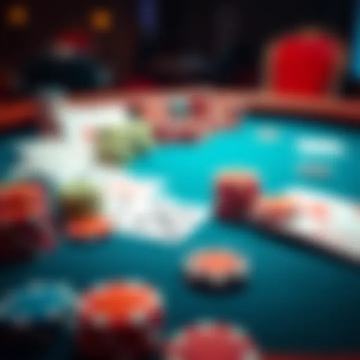 A poker table featuring various chips and playing cards, illustrating the setting for poker games.