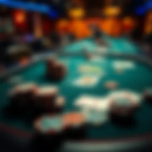 A poker table set up with playing cards and colorful chips, showing an intense game atmosphere