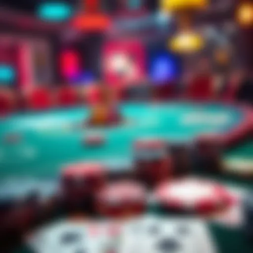 A close-up of a poker table with colorful chips and playing cards in a lively game setting.