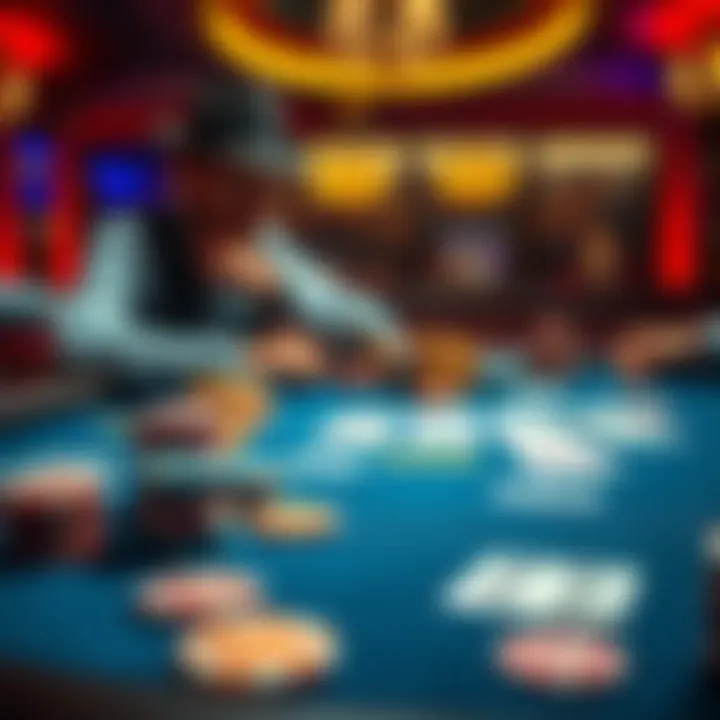 A poker table featuring playing cards and colorful chips, with a focused player contemplating their next move, hinting at high stakes.