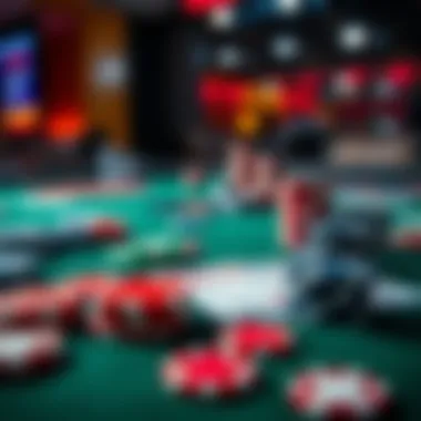 A close-up view of a poker table showing colorful chips and playing cards, highlighting the tension and excitement of a poker game