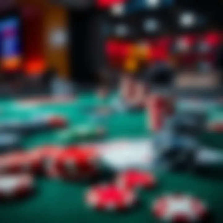 Poker table with chips and cards A close-up view of a poker table showing colorful chips and playing cards, highlighting the tension and excitement of a poker game