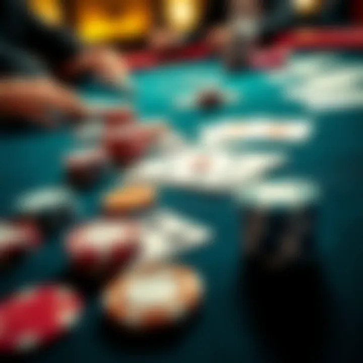 Close-up of a poker table showcasing chips and playing cards during a game analysis