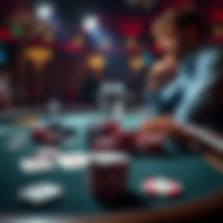 Poker table with chips and cards A poker table set up with poker chips, playing cards, and a player contemplating his winnings
