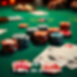 A close-up of a poker table featuring chips and playing cards, illustrating a poker game scenario.
