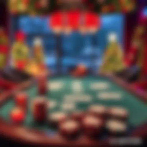 A poker table set up with Christmas decorations and festive colors, featuring cards and chips ready for games during the holiday season