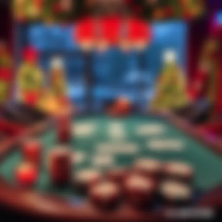 A poker table set up with Christmas decorations and festive colors, featuring cards and chips ready for games during the holiday season