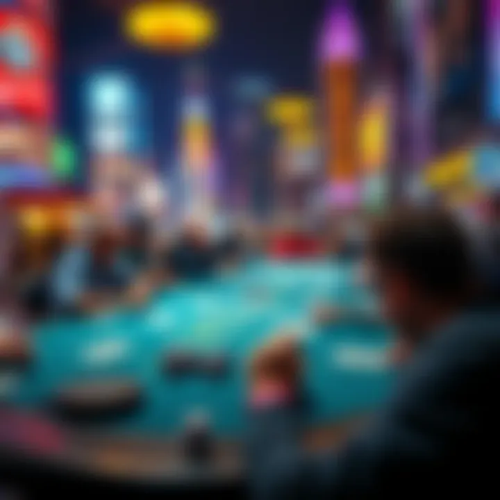 A poker table with players engaged in a game, surrounded by city lights and vibrant atmosphere