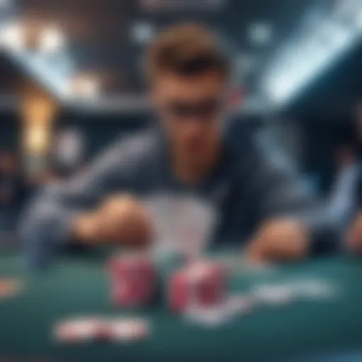 A college student at a poker table, focusing on their cards while chips are stacked in front of them.