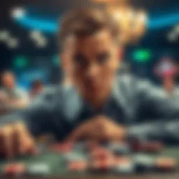 A confused player at a poker table with chips scattered around and a concerned expression, wondering where their money went.