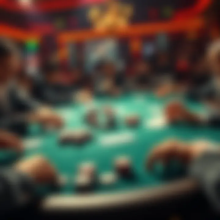 A poker table showing players making decisions based on stats, with chips and cards in play.