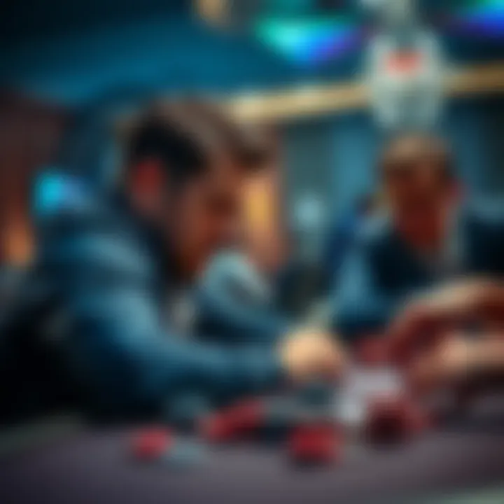 Poker table decision A player contemplating a tough decision at a poker table with chips in front of them, focusing on their cards and the board, while an aggressive opponent watches