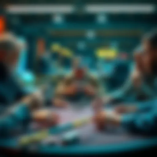 A player analyzing their cards and chips at a poker table surrounded by focused opponents.