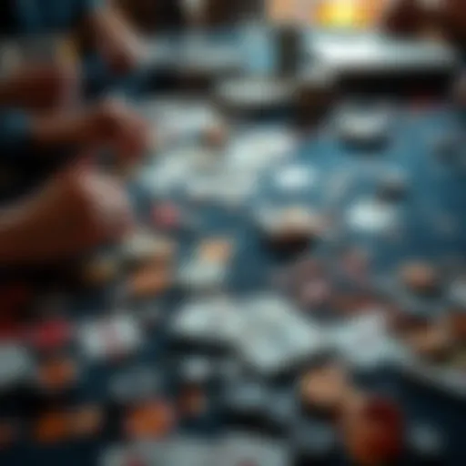 Poker table with dirty cards and messy chips A poker table cluttered with dirty playing cards, sticky chips, and spilled drinks, showing an unpleasant poker night atmosphere