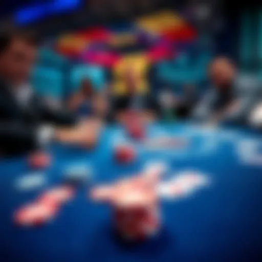 A poker table showing chips and cards for Double Board PLO Bomb Pots, with players looking serious and focused on their game.