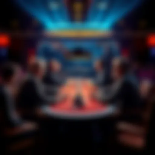 A group of poker players at a table discussing strategy, focusing on the term 'Downbet'