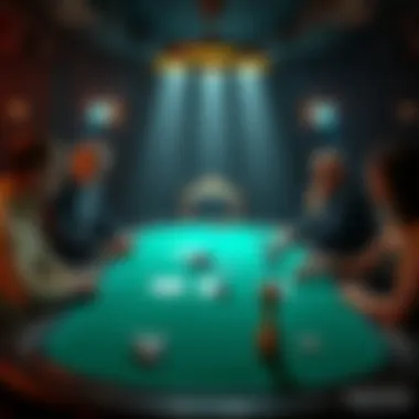A poker table with an empty chair symbolizing the absence of a popular player, surrounded by concerned players discussing their next steps.