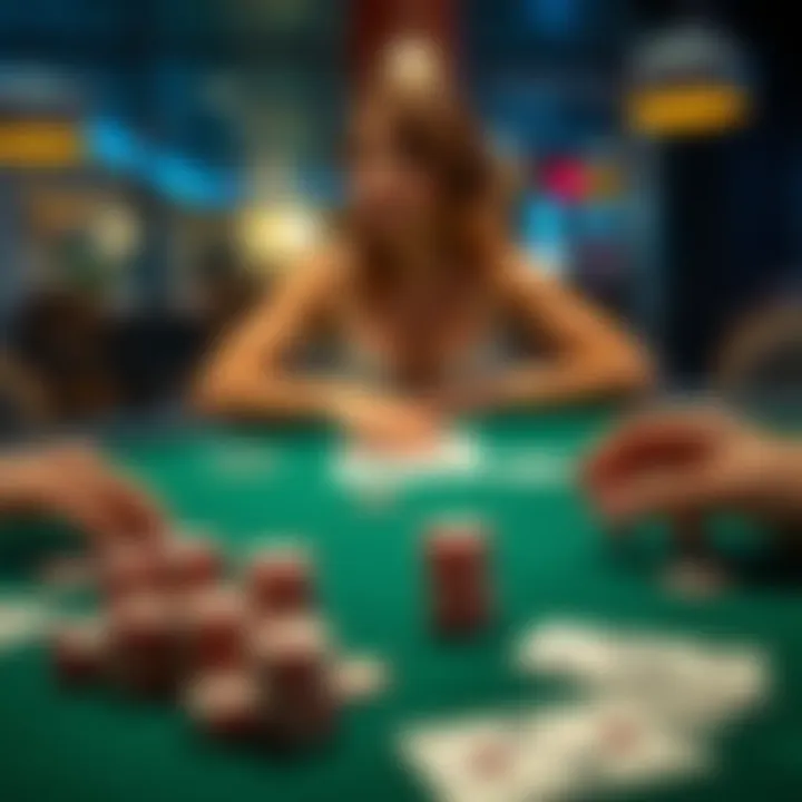 A poker table set with playing cards and poker chips, showcasing a female player considering her next move.