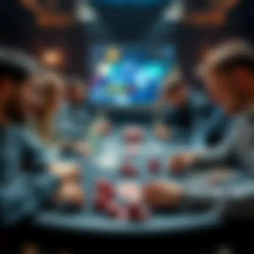 A group of friends playing poker at a table, some laughing and others focused on their cards, with chips scattered around