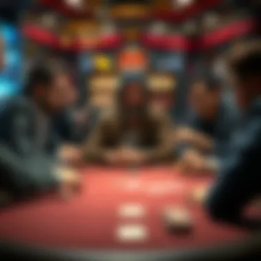 Poker table with frustrated players A poker table scene showing players looking annoyed, with one player visibly upset and others focusing on the game, illustrating the challenge of dealing with difficult players.