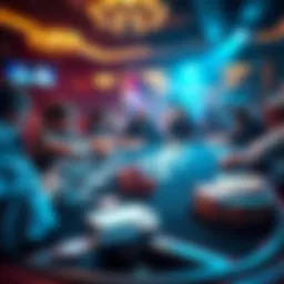 A crowded poker table featuring players, cards, and poker chips, highlighting the tension of a high-stakes game