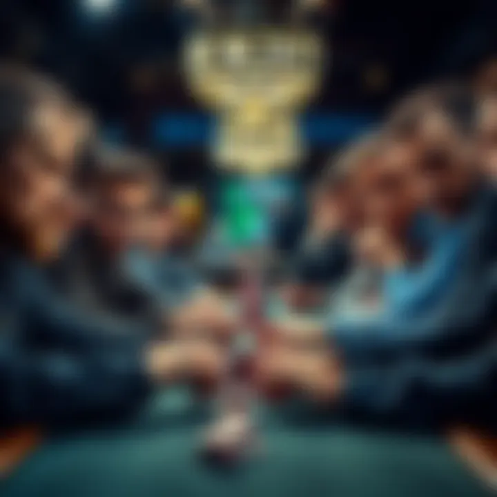 A group of players at a poker table, focused on their cards and chips, showing expressions of tension and surprise during a high-stakes game.