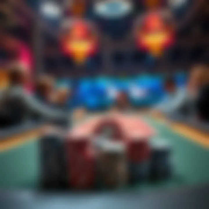 A lively poker table scene showing players engaging with large stacks of chips, creating an exciting atmosphere.