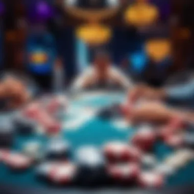 Poker table with large chips A poker table scattered with chips and cards, showing a player looking shocked after an unexpected all-in bet.