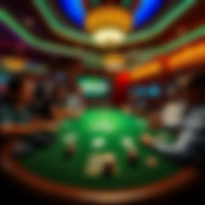 A lively poker game at a table in a Las Vegas casino, showcasing players engaged in the game with chips and cards.