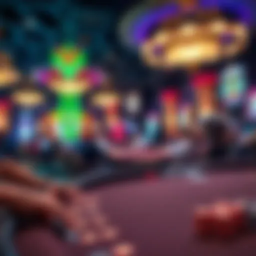 A bustling poker table in a Las Vegas casino, showing players engaged in a game, with colorful chips and cards visible.