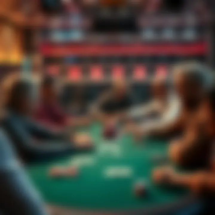 Poker table with laughing players A group of players at a poker table sharing laughs while playing cards