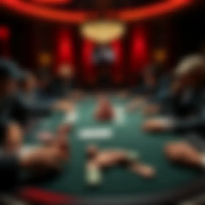 A poker table with players making aggressive bets and bluffing, showcasing a competitive environment with chips and cards spread out.