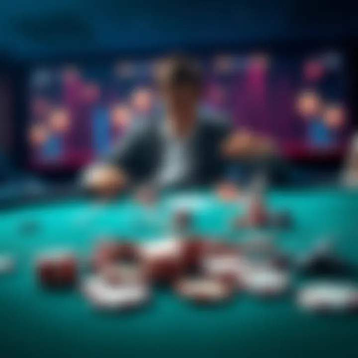Poker table with lost chips A poker table showing scattered chips and a disappointed player reflecting on a loss
