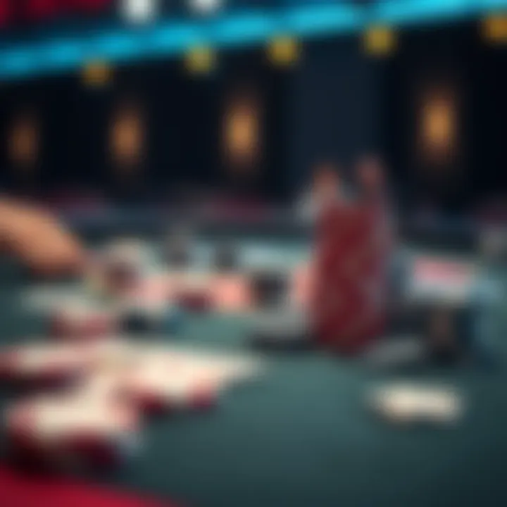 Poker table with chips and cards A poker table scene featuring chips and playing cards, showcasing a game in progress at low stakes.