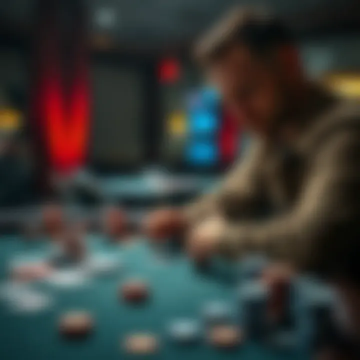 A player at a poker table looks uncertain while examining his cards and chips, reflecting on his poker skills and recent game outcomes.