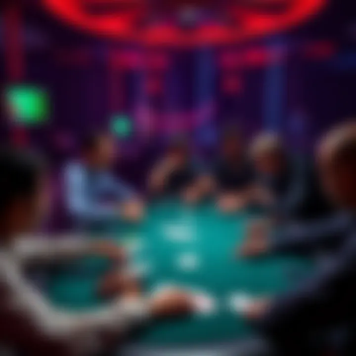 A group of players at a poker table engaged in a $5 Rock NLH game, with cards and chips visible.