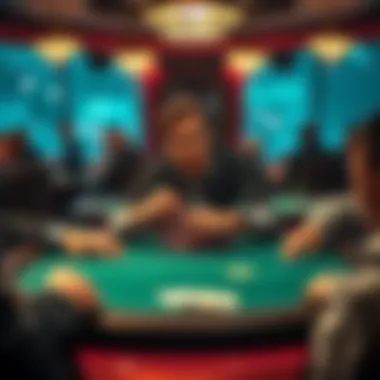 Poker table with players contemplating moves Two poker players at a table, one considering a bluff and the other preparing for a call, cards and chips in front of them