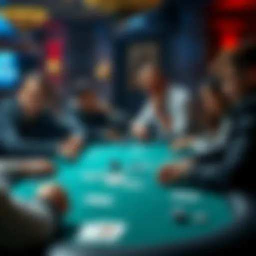 Poker table with players A group of players sitting at a poker table, focused on their cards and chips, showcasing a game in progress