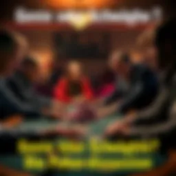 Players at a poker table engaged in a tense game, focusing on their cards and chips, with a mix of expressions showing concentration and anticipation.