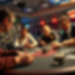 Poker table with players Players at a poker table focused on their cards and chips during a game