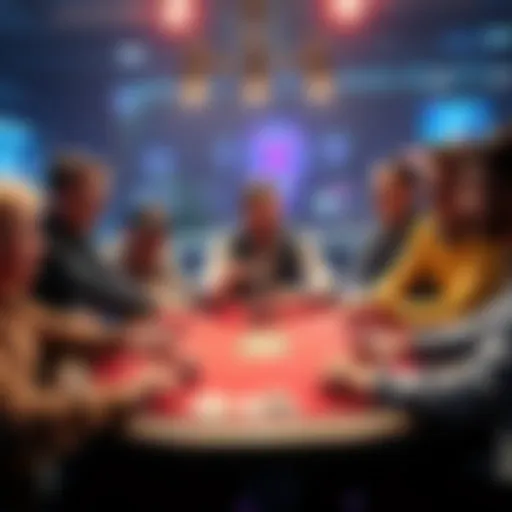 Poker table with excited players A group of poker players at a table, one player going all-in with raised chips, showing shock and excitement from the others