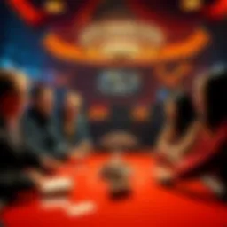 A group of poker players at a table, some looking excited while others focus on their cards during a table change
