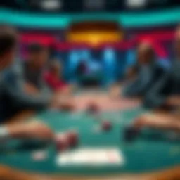 Poker table with players A lively poker table with both a few players and a full table in action, showcasing chips and cards being played.