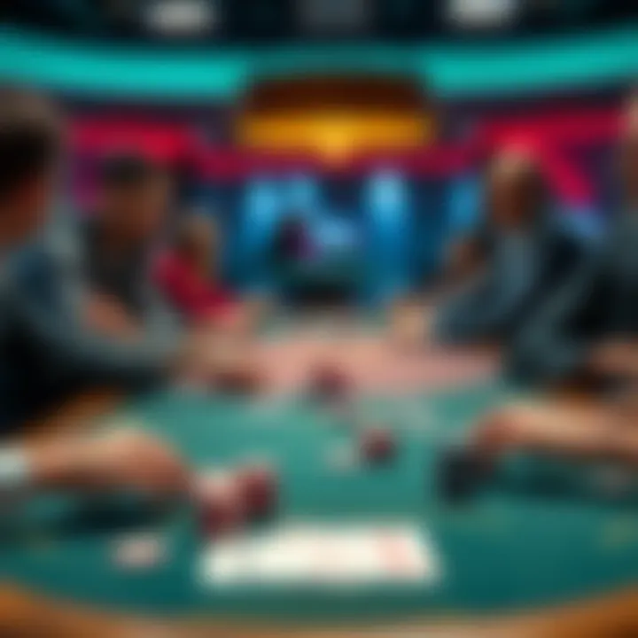 Poker table with players A lively poker table with both a few players and a full table in action, showcasing chips and cards being played.