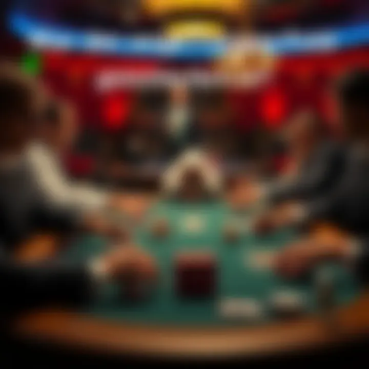 A close-up of a poker table with players contemplating their hands, showcasing a tense game atmosphere.