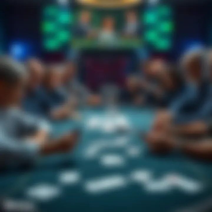 Group of players sitting around a poker table, each holding cards, with a focus on the hole cards and community cards on the table.
