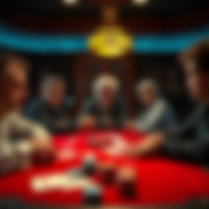 A tense poker scene showing players at a table, with one player considering a fold against an aggressive bet, highlighting the emotional tension of the game.