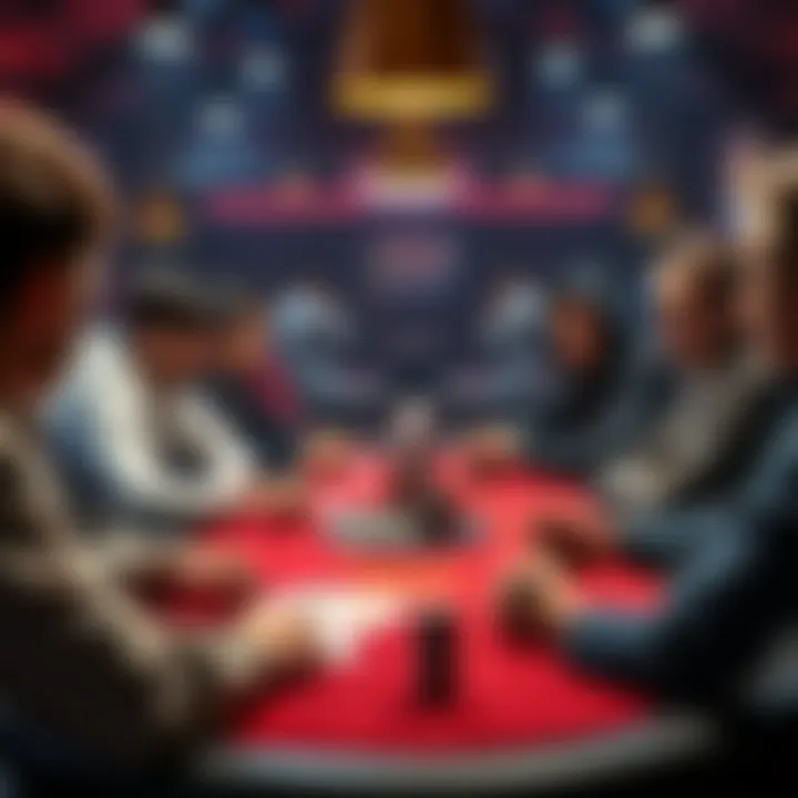A group of players at a poker table discussing rules, with cards and chips visible