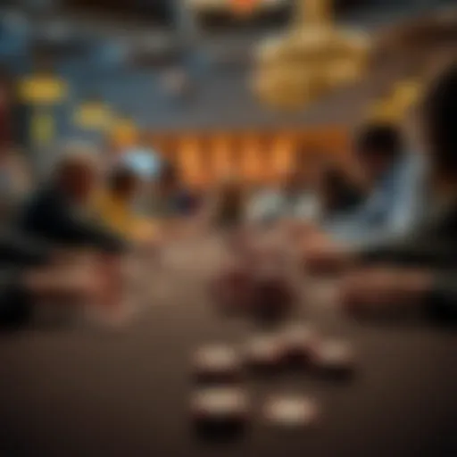 Close-up of a poker table showing chips and cards as players concentrate on the game