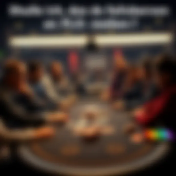 Several poker players at a table considering a potential rule violation in a game.